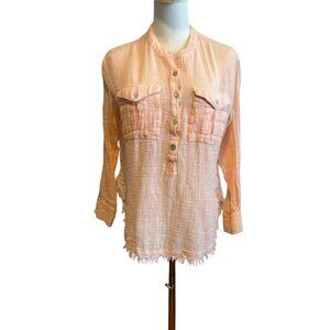 Free People Talk to me gauzy top with frayed hem crinkly fabric peach.  …